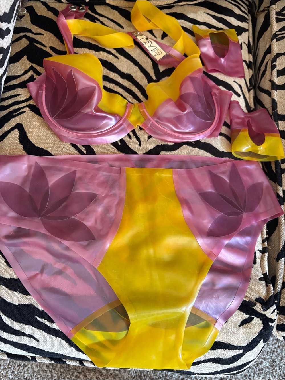 Pink and Yellow Floral Genuine Vintage Latex Bikini Set
